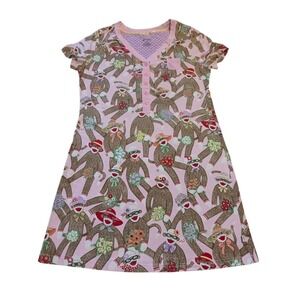 Nick & Nora Sock Monkey Sleep Shirt Womens Sz M Pink Floral Henley Nightgown
